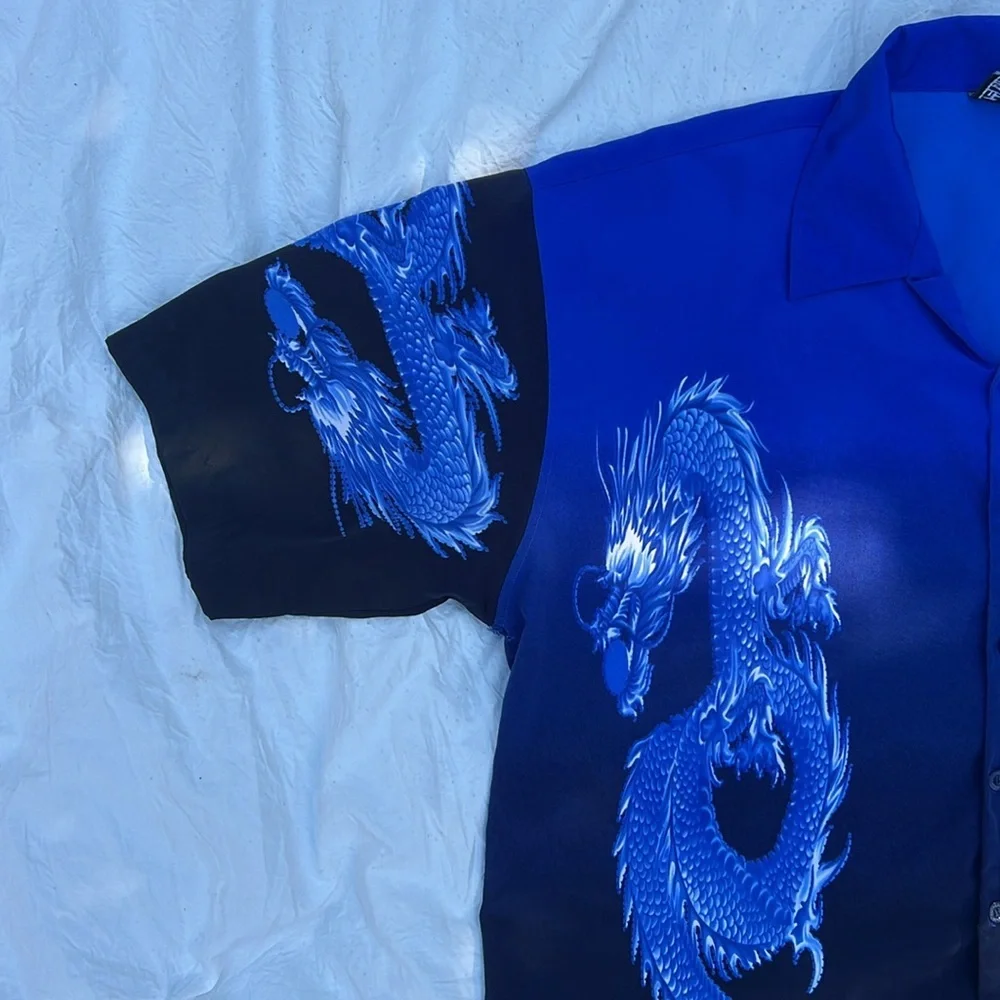Vintage 90s Blue Dragon Print Collared Button Up Shirt - Picture 3 of 5